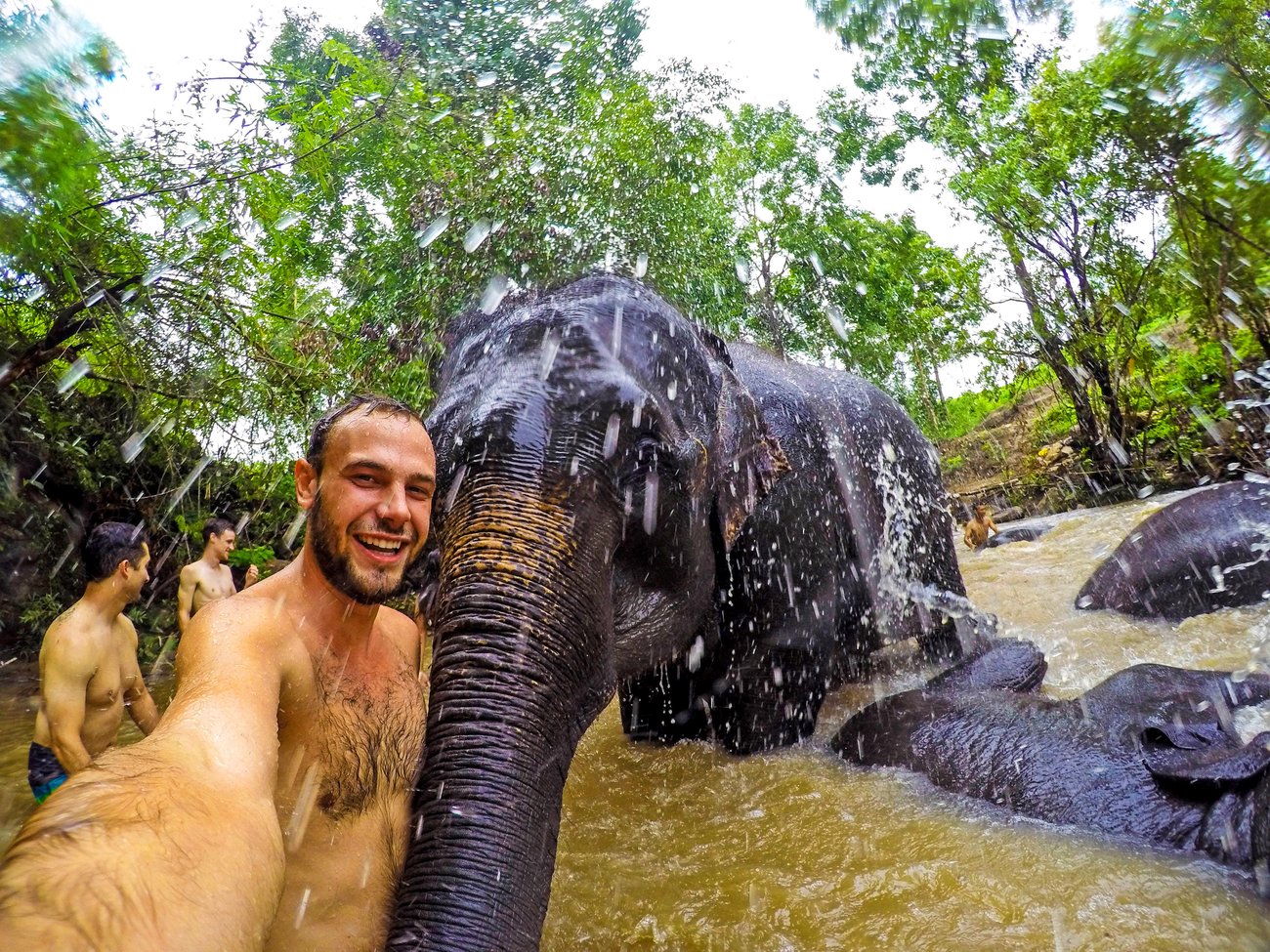 Baden im Fluss mit Elefant